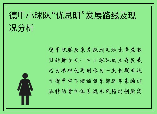 德甲小球队“优思明”发展路线及现况分析