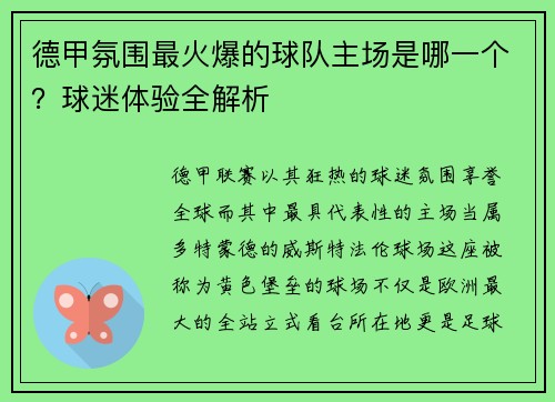 德甲氛围最火爆的球队主场是哪一个？球迷体验全解析