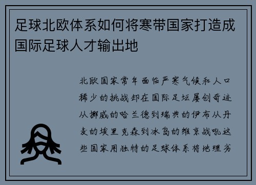 足球北欧体系如何将寒带国家打造成国际足球人才输出地
